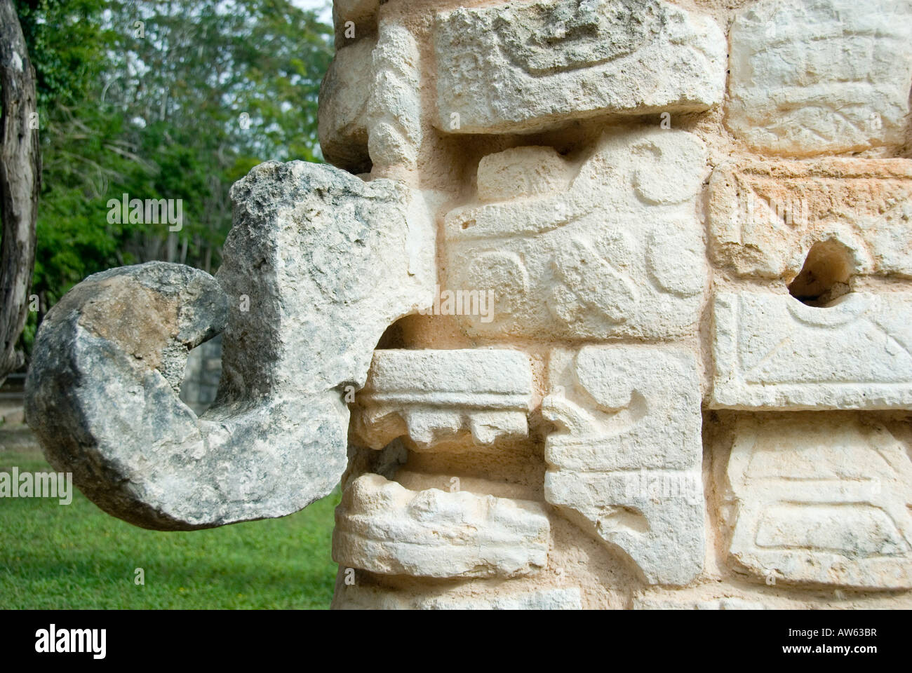 Carved Head From the Ossuary Belived to be Supreme God Kukulcan or Itzamna or Chaac Rain God Chichen Itza Mexico 2007 NR Stock Photo