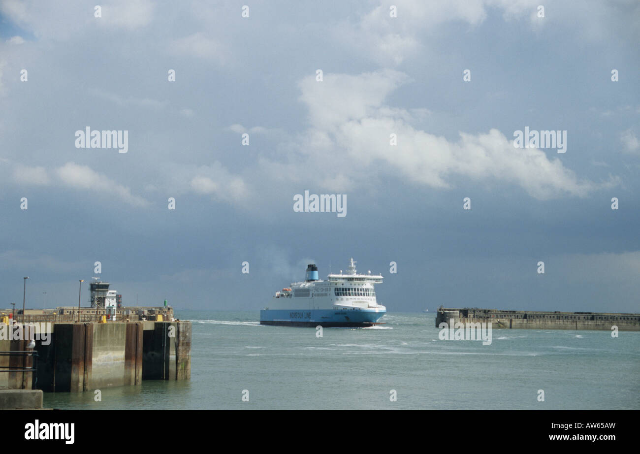 Dover the port and the ferry and ferries loading in Kent the UK Stock