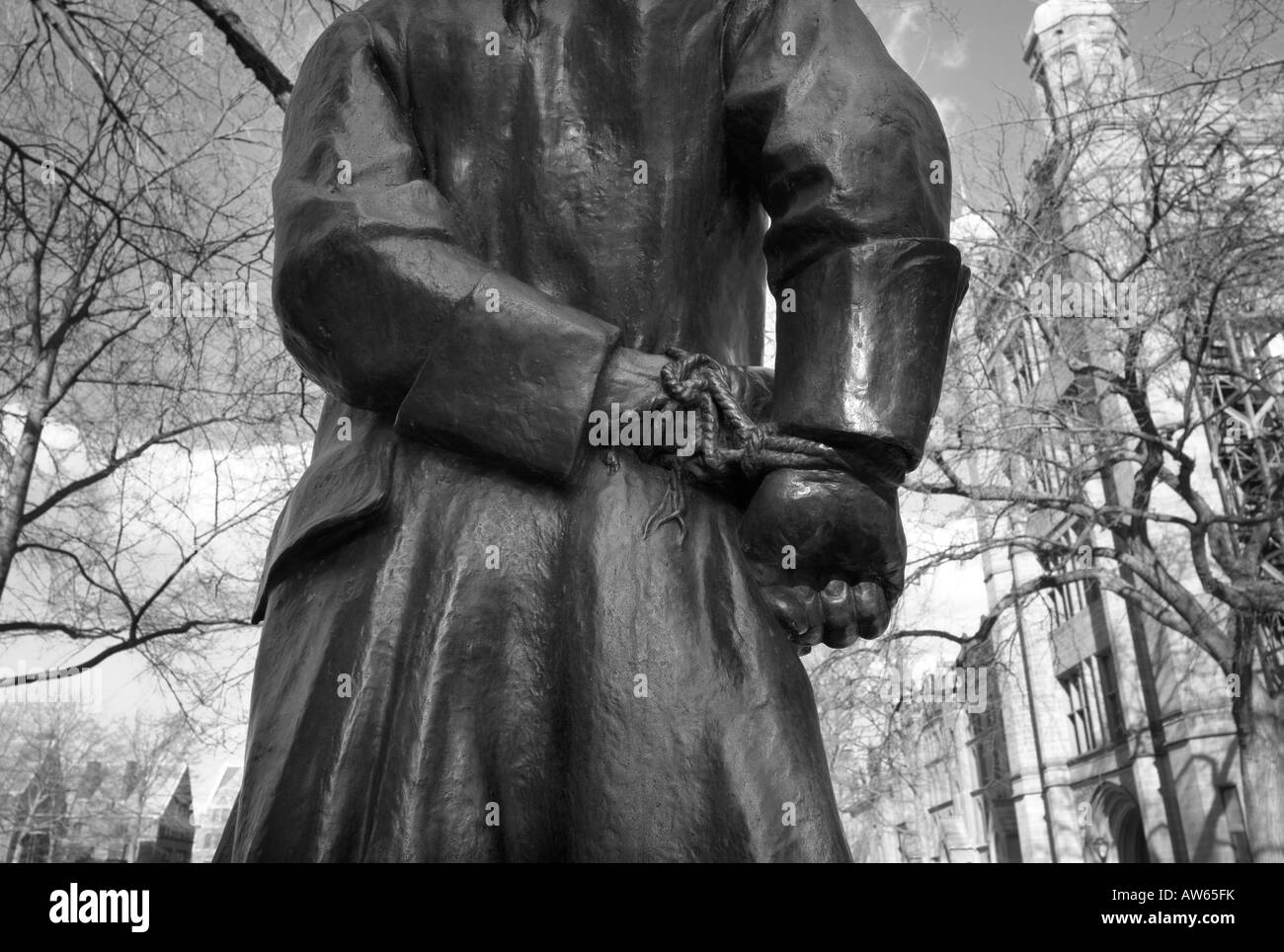 A detail of statue of Nathan Hale with hands bound at Yale University in New Haven Connecticut USA Stock Photo