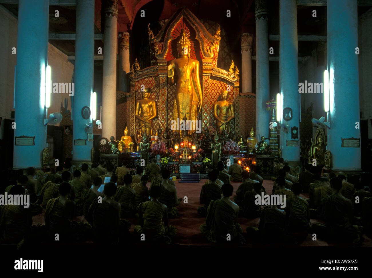 Buddha, Buddha statue, altar, monks, praying, prayer, religious service