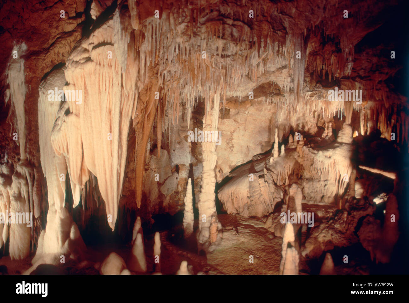 Inside Cavern with stalactites and stalagmites. France Stock Photo