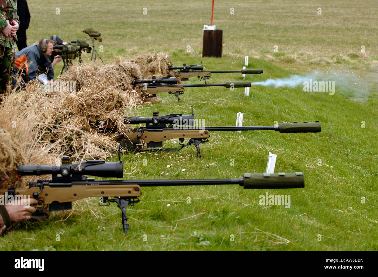 British Infantryman with a long range sniper rifle L115A3 which has a killing capability from over a mile. Stock Photo