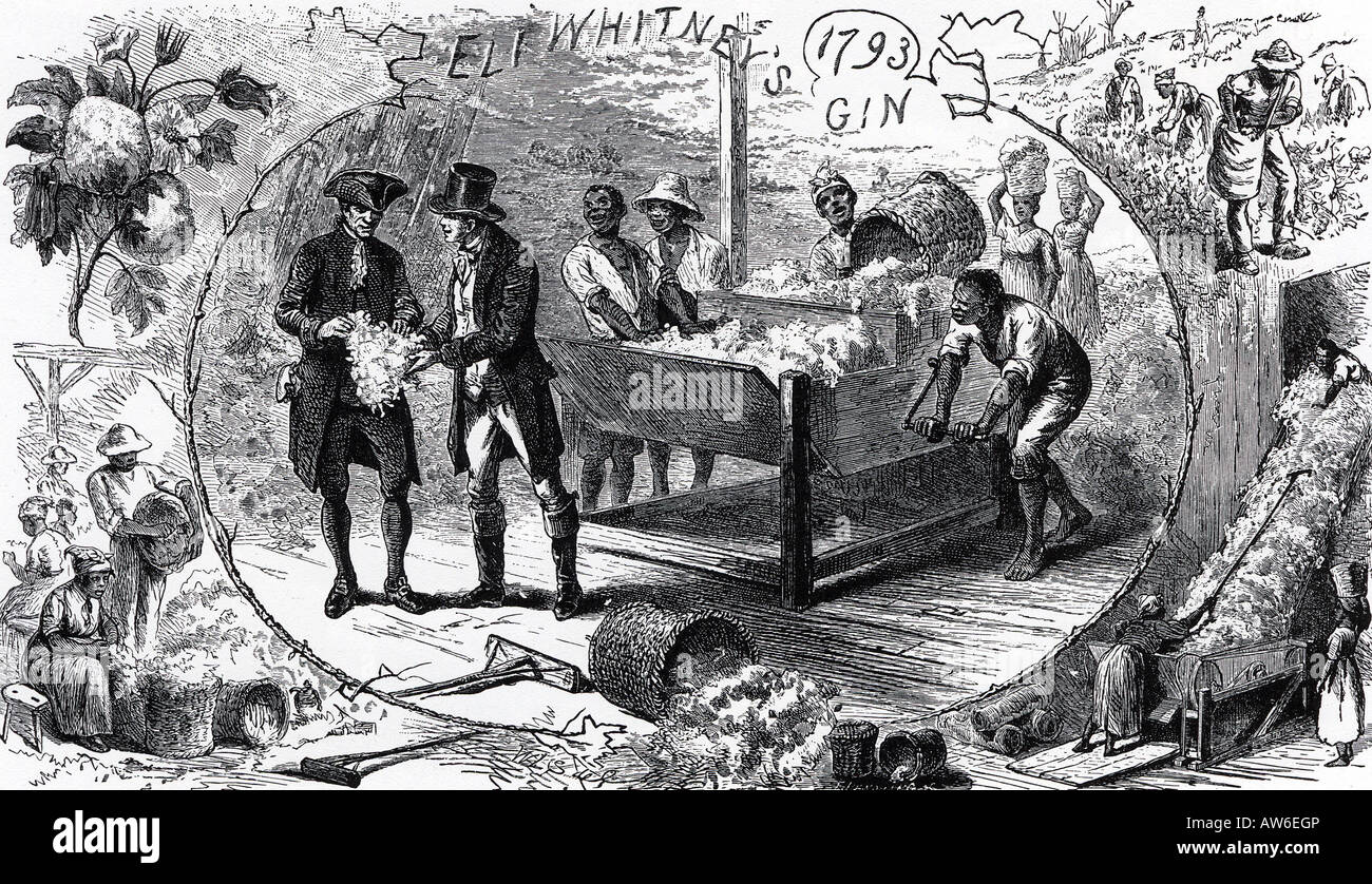 ELI WHITNEY'S GIN  - 19th century engraving celebrating the introduction of the first machine to separate cotton from seed Stock Photo