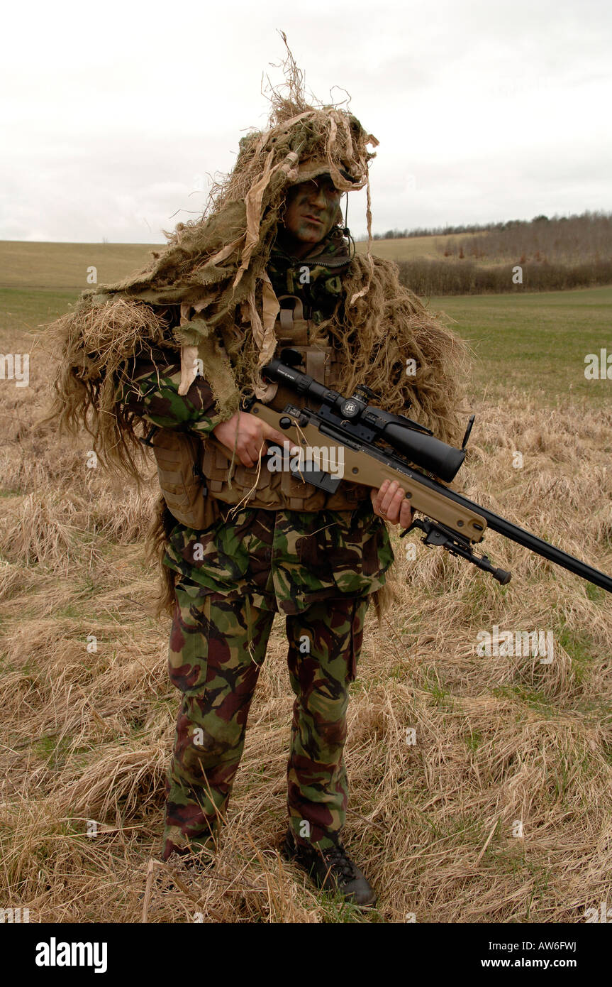 British Infantryman with a long range sniper rifle L115A3 which has a ...