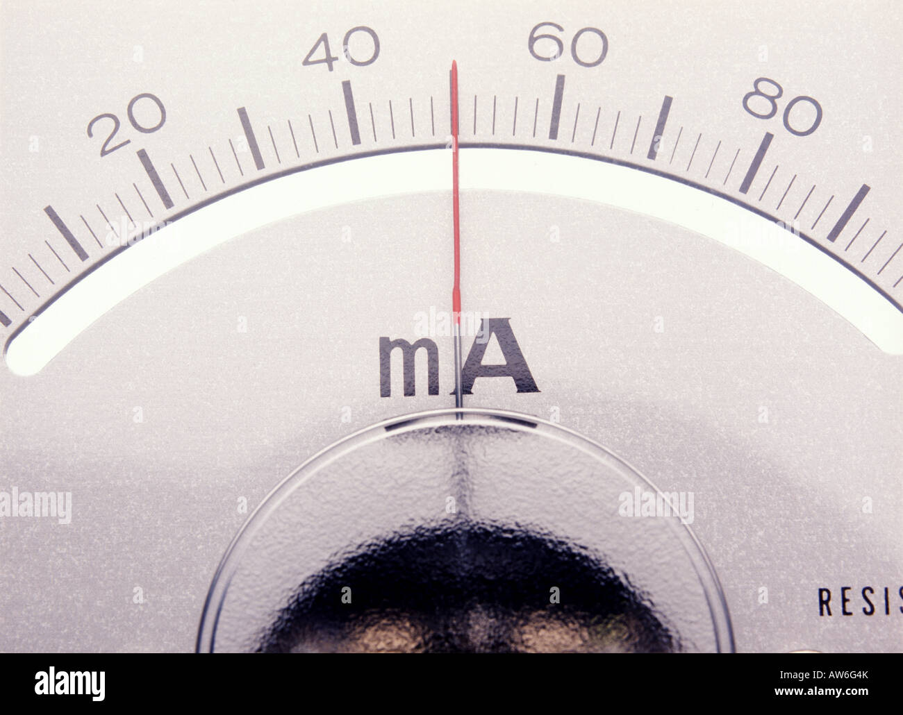 Close up of the scale on an analogue milliammeter reading 50 mA Stock