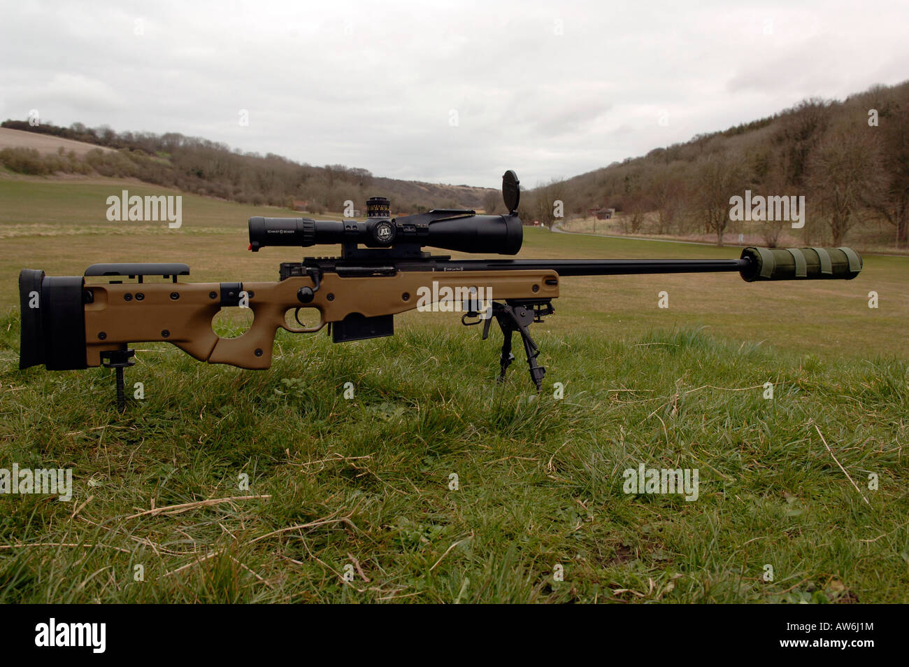 British Infantryman with a long range sniper rifle L115A3 which has a killing capability from over a mile. Stock Photo