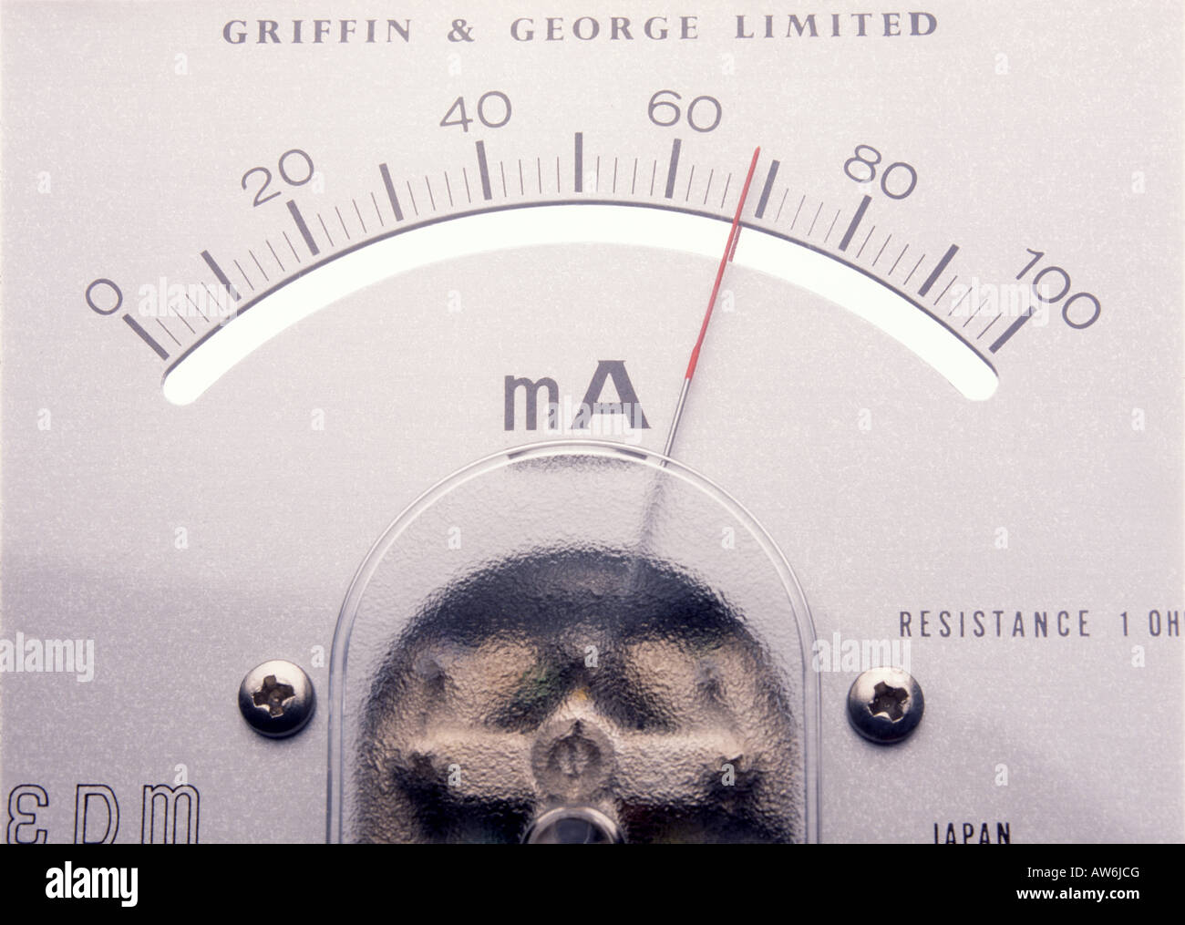 Close up of the scale on an analogue milliammeter reading 68 mA Stock