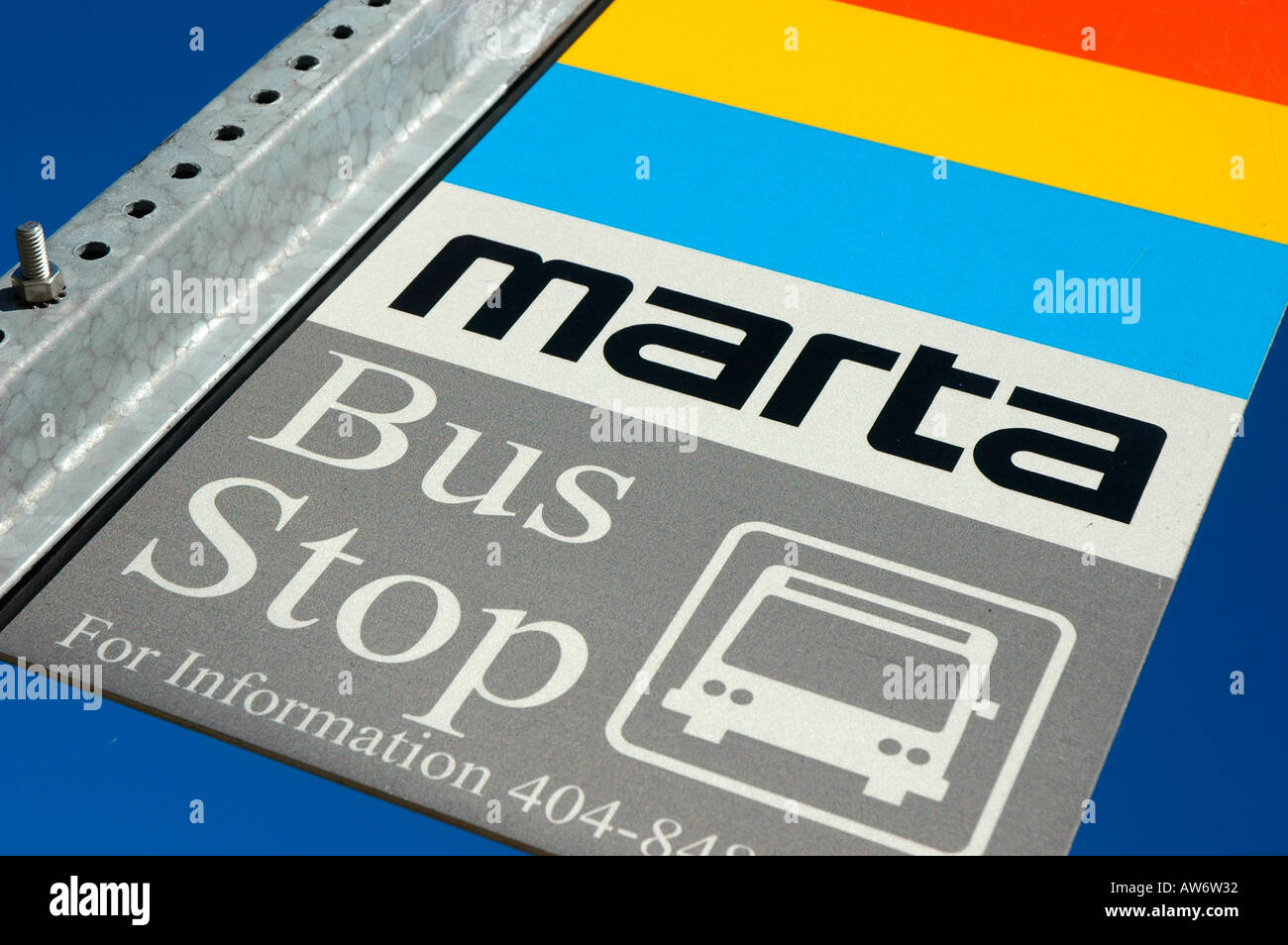 Marta, the public owned Bus System in Atlanta, Sign at a bus stop for passengers to get around Georgia, Metropolitan Atlanta Rapid Transit Authority Stock Photo