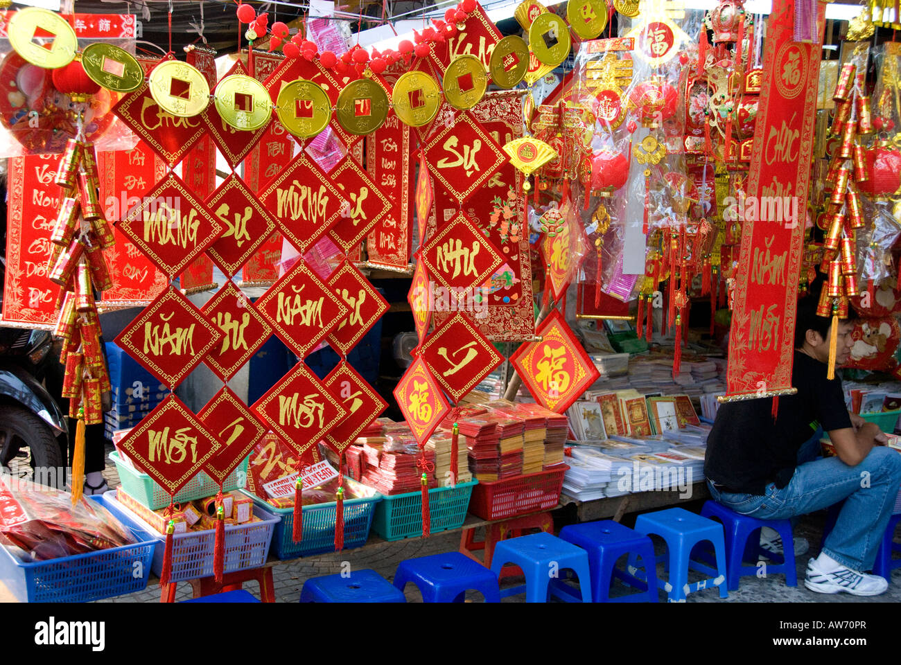 Cards and decorations on sale to celebrate the Vietnamese Lunar New Year, Tet Stock Photo