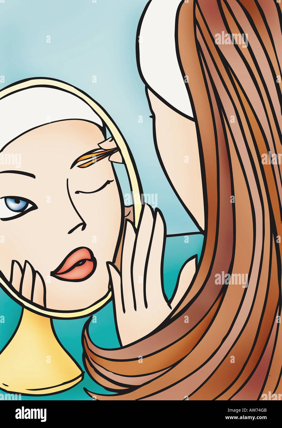 Face of woman plucking eyebrows in the mirror Stock Photo Alamy