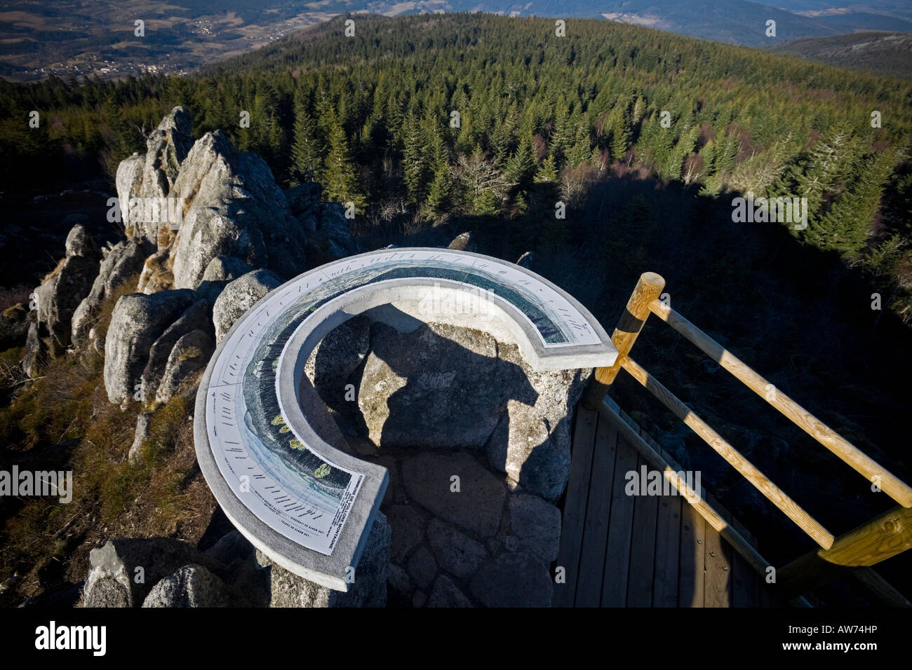 A Volvic stone view-point indicator, on the Pierre Pamole setting (France). Table d'orientation en pierre de Volvic (France). Stock Photo