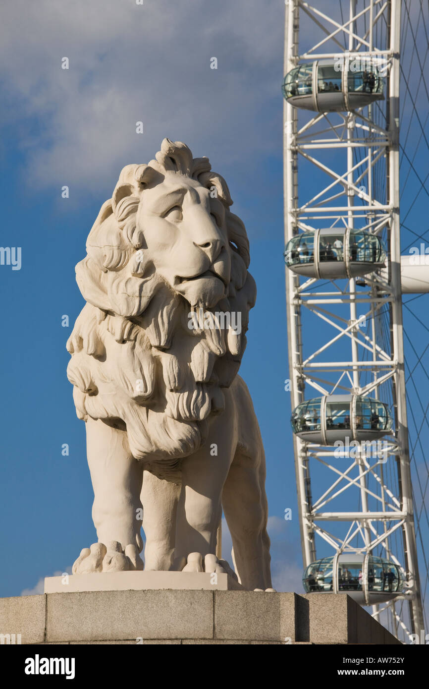 South Bank Lion by Westminster Bridge with London Eye in the background ...