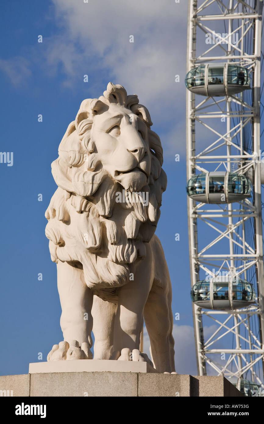 South Bank Lion by Westminster Bridge with London Eye in the background ...