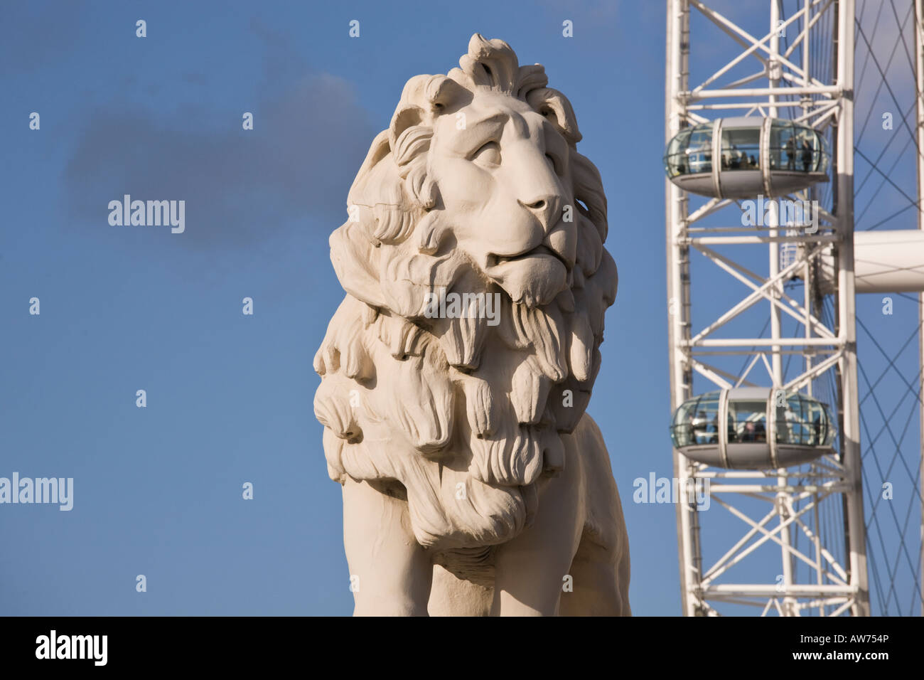South Bank Lion by Westminster Bridge with London Eye in the background ...