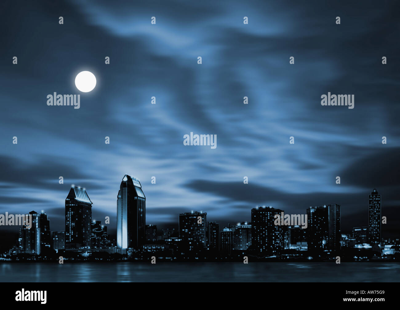 Night skyline of futuristic city with full moon Stock Photo - Alamy