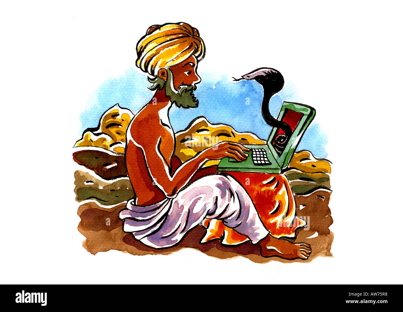 Indian snake-charmer with a turban on his laptop Stock Photo
