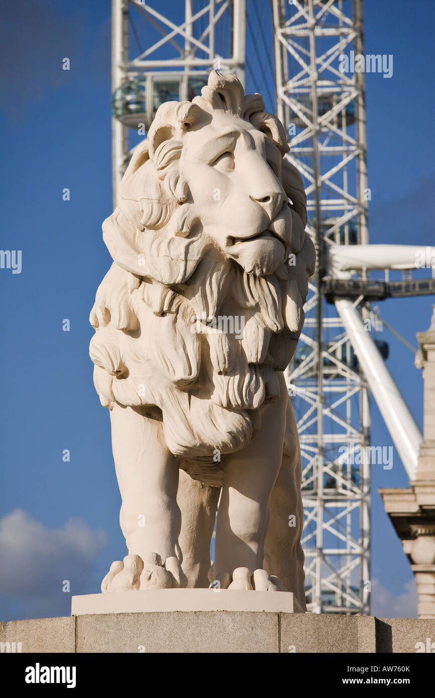 South Bank Lion by Westminster Bridge with London Eye in the background ...