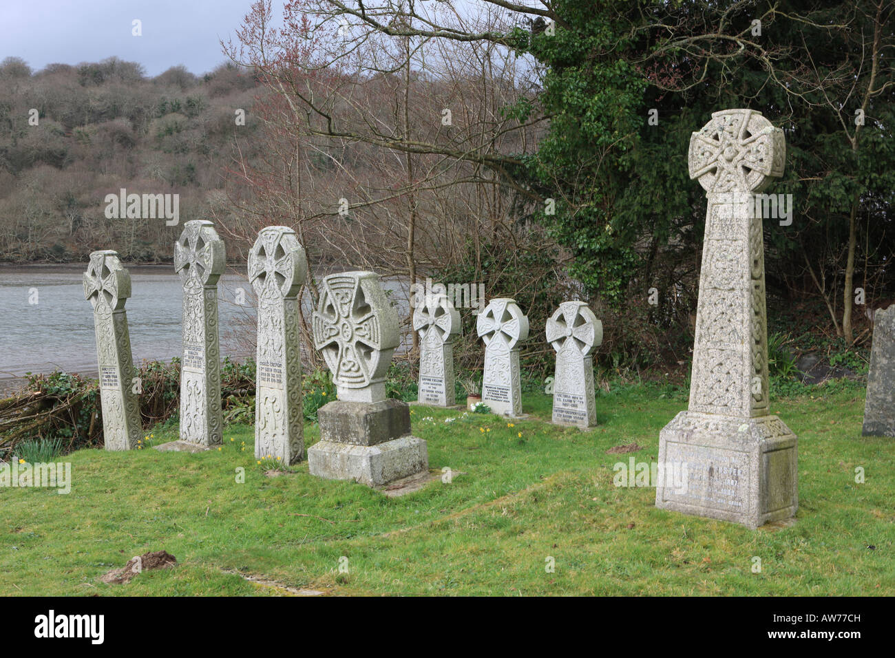 Celtic crave stones in the church yard at St Winnow Stock Photo