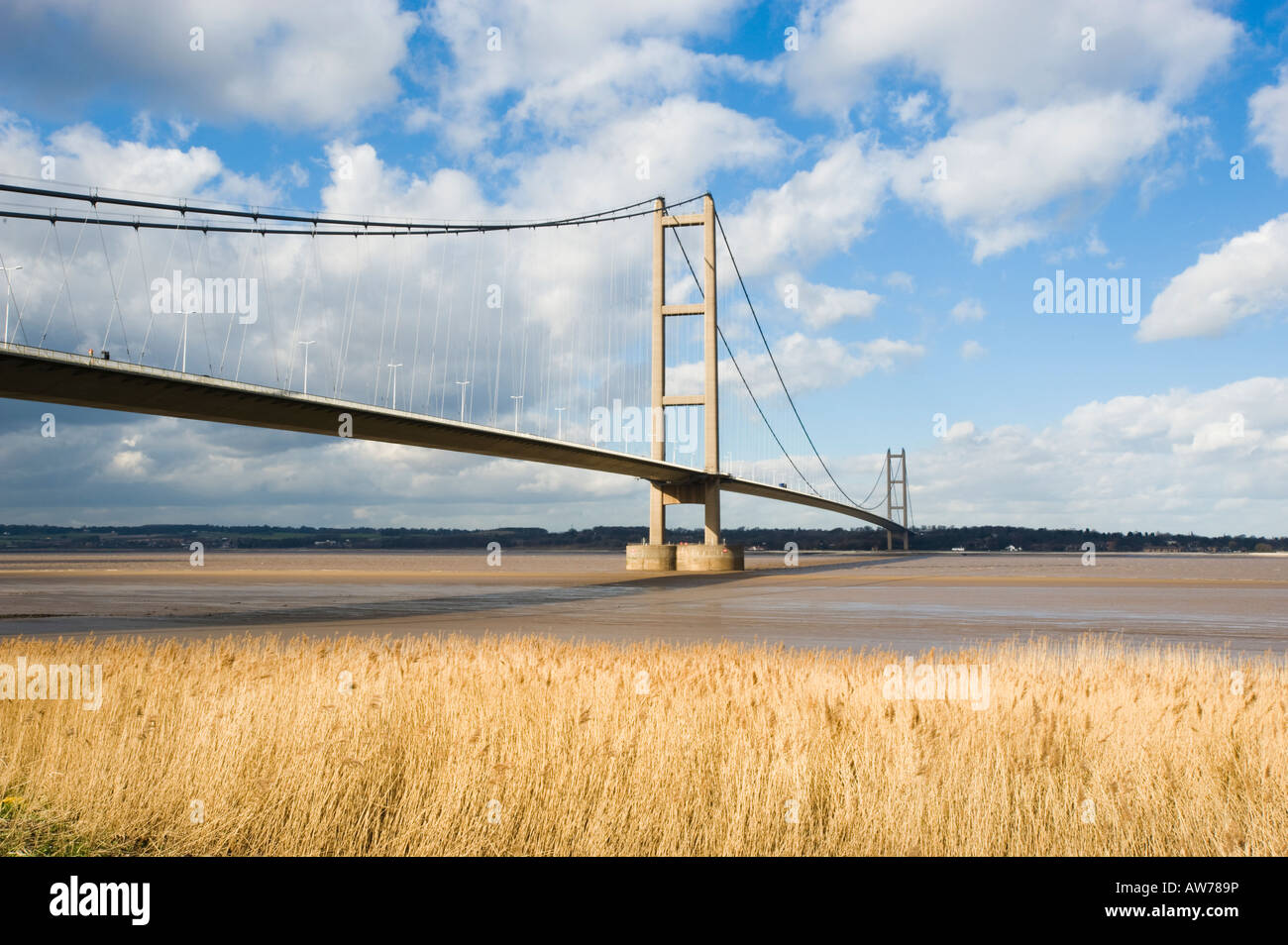 Humber bridge viewed from the south bank of the Humber estuary Stock Photo
