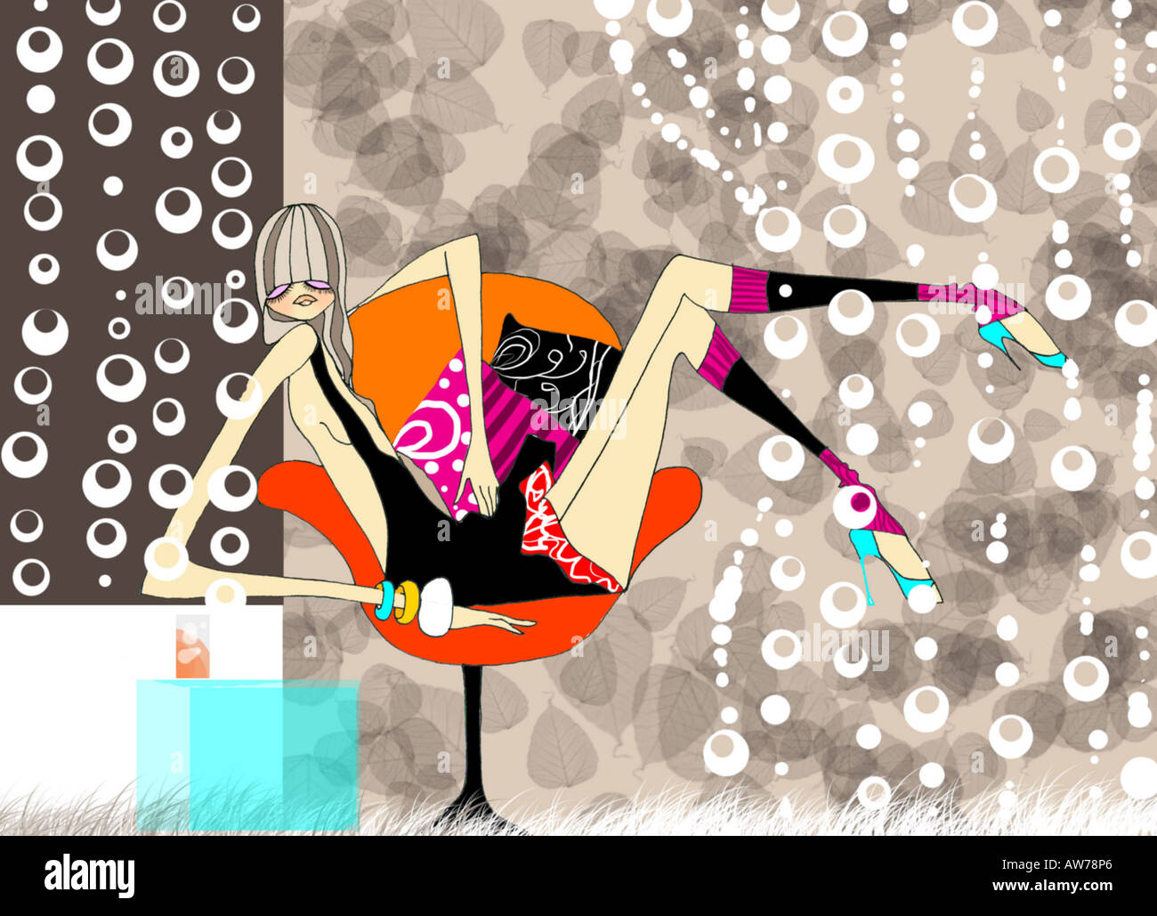 Woman draped over modern armchair in skimpy dress Stock Photo