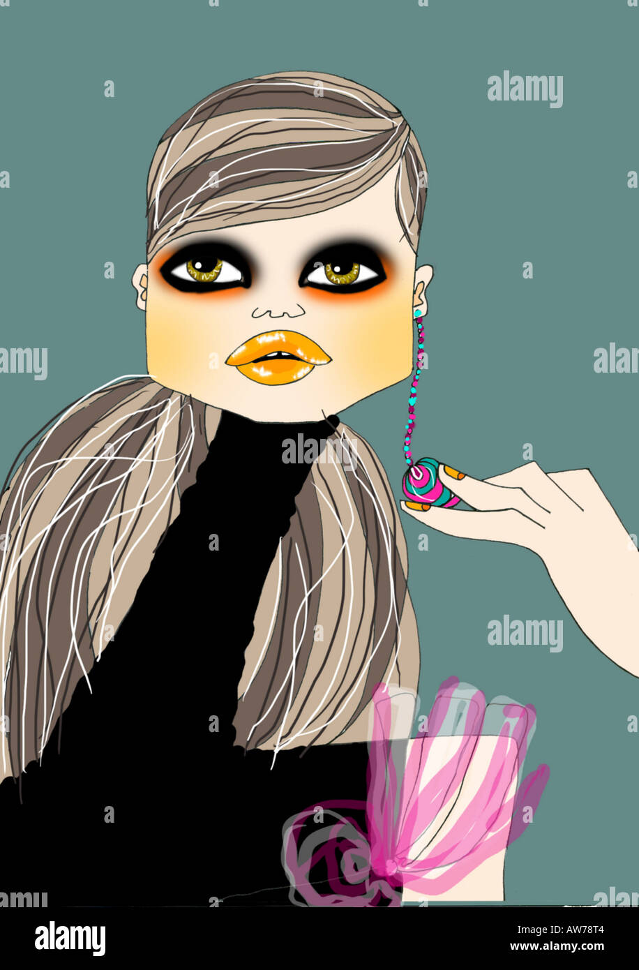 Woman with one colorful earring and black turtleneck Stock Photo Alamy