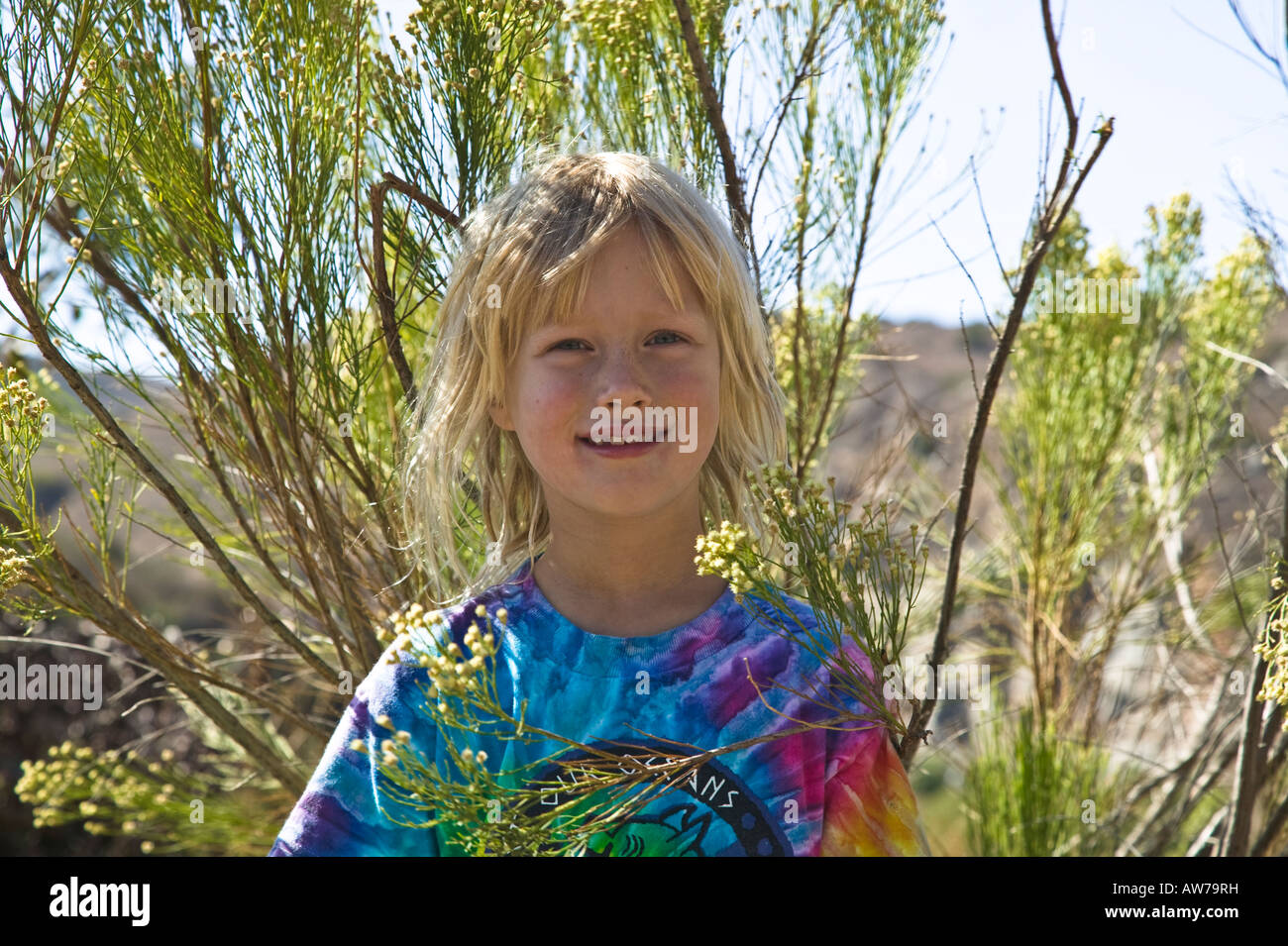 Girl and sage Mission Trails Park, San Diego, California, USA Stock Photo