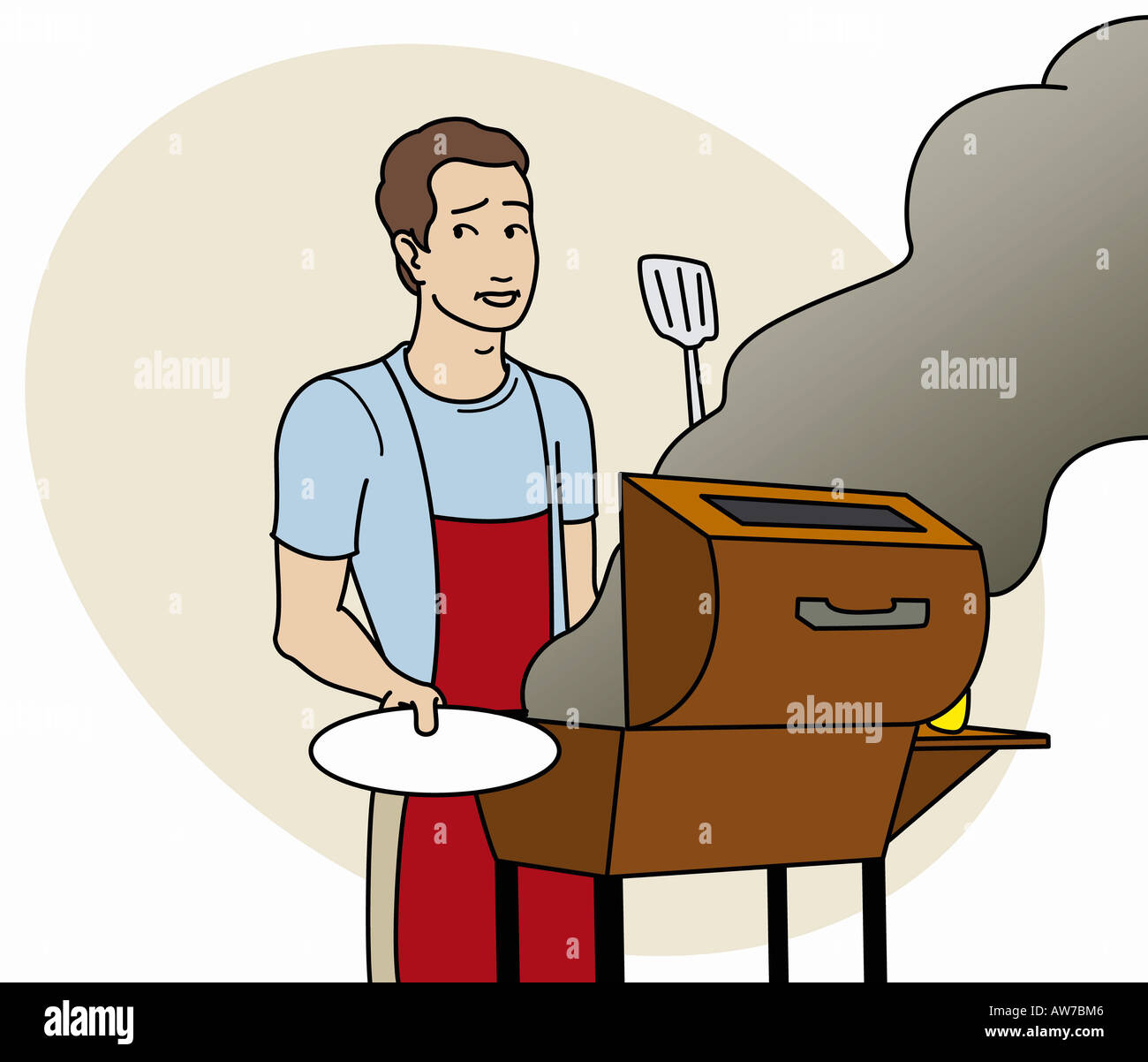 Worried man grilling with smoke coming out of the grill Stock Photo