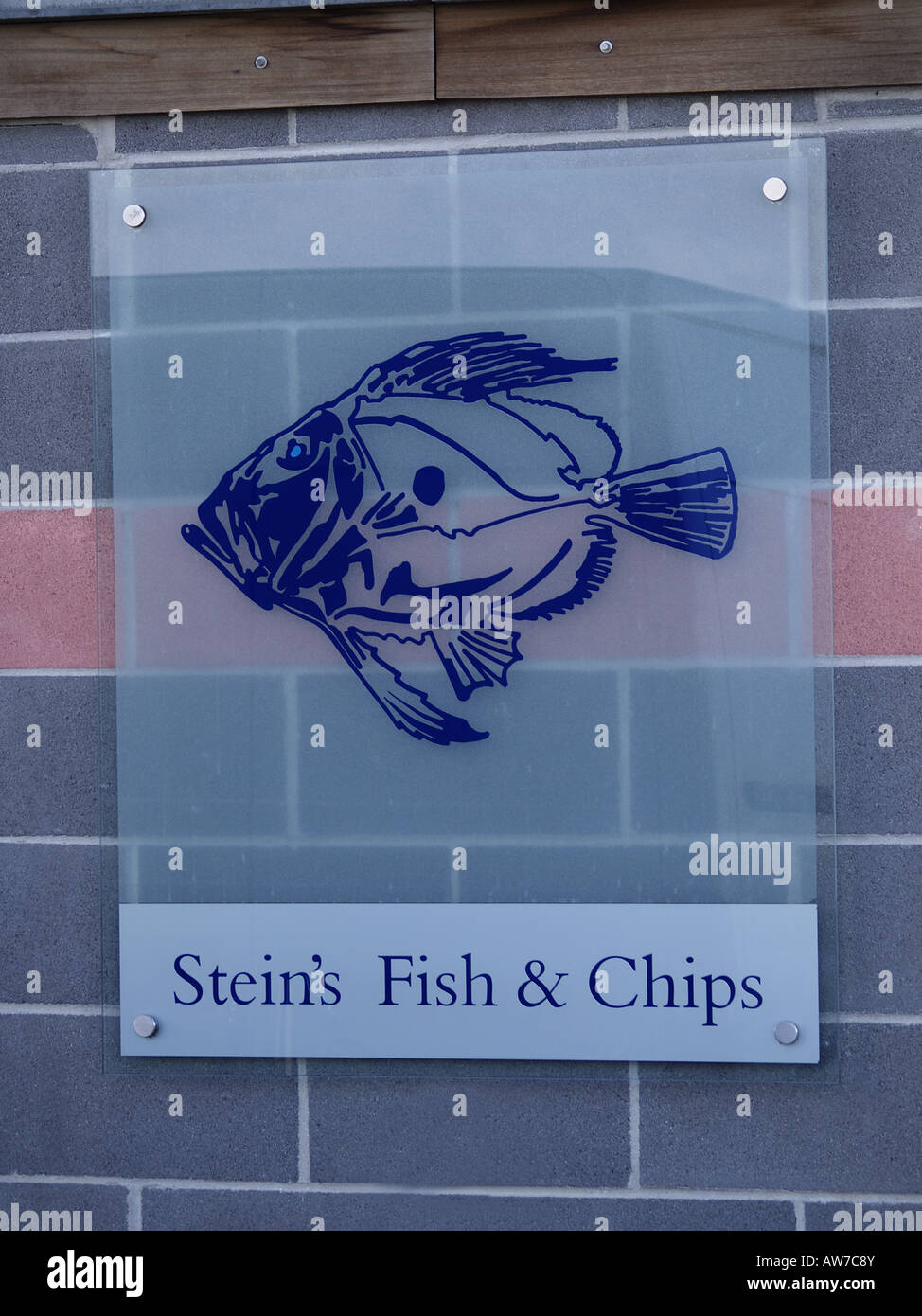 Rick Stein's Fish and Chip shop sign Padstow, Cornwall, UK Stock Photo