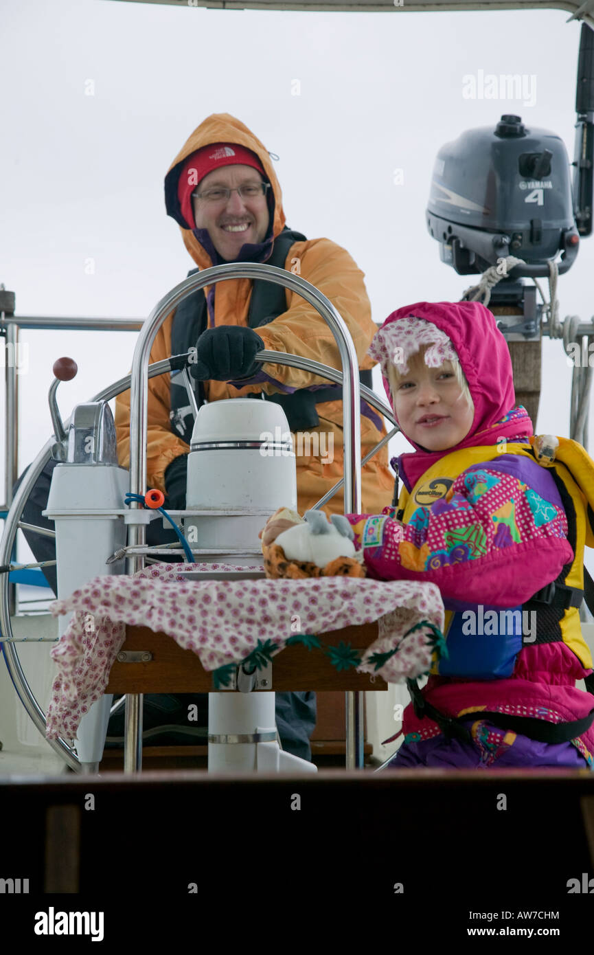 Dad and daughter sailing near Pender Island BC, Canada Stock Photo