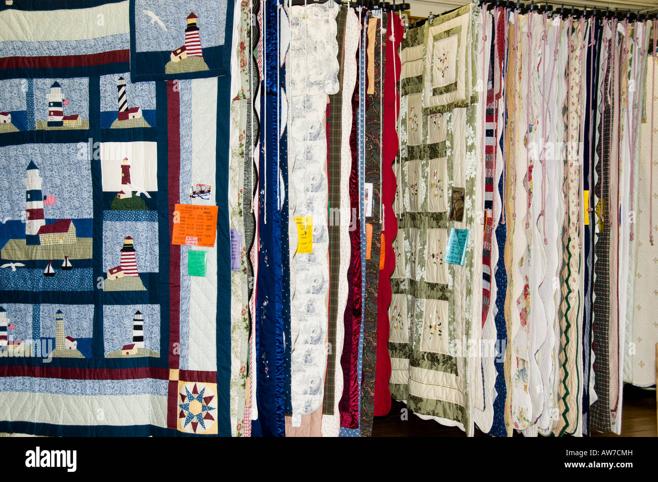 Quilts for Sale in a Craft Mall in Branson, Missouri, USA. Branson is a touristy resort type town. Stock Photo