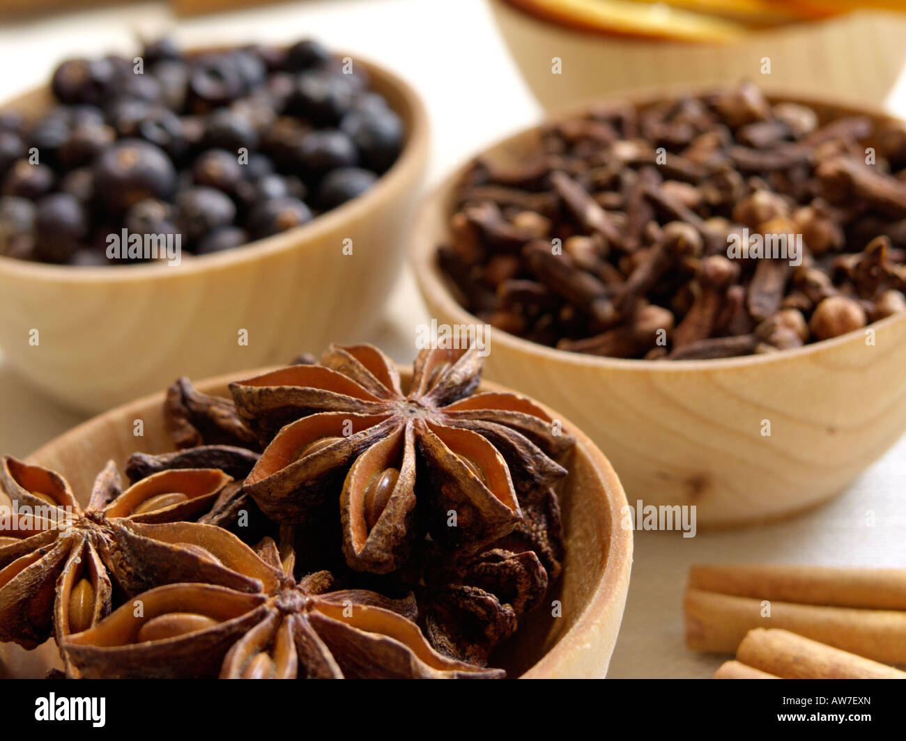 Chinese star anise (Illicium verum), clove (Syzygium aromaticum) and common juniper (Juniperus communis) Stock Photo