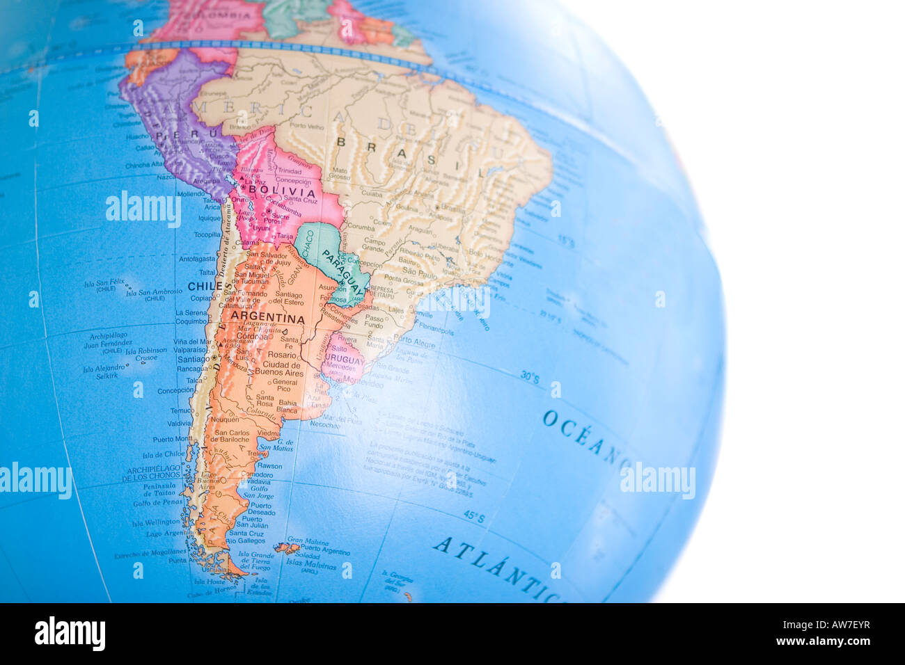 Globe world map featuring South America with shallow depth of field Stock Photo