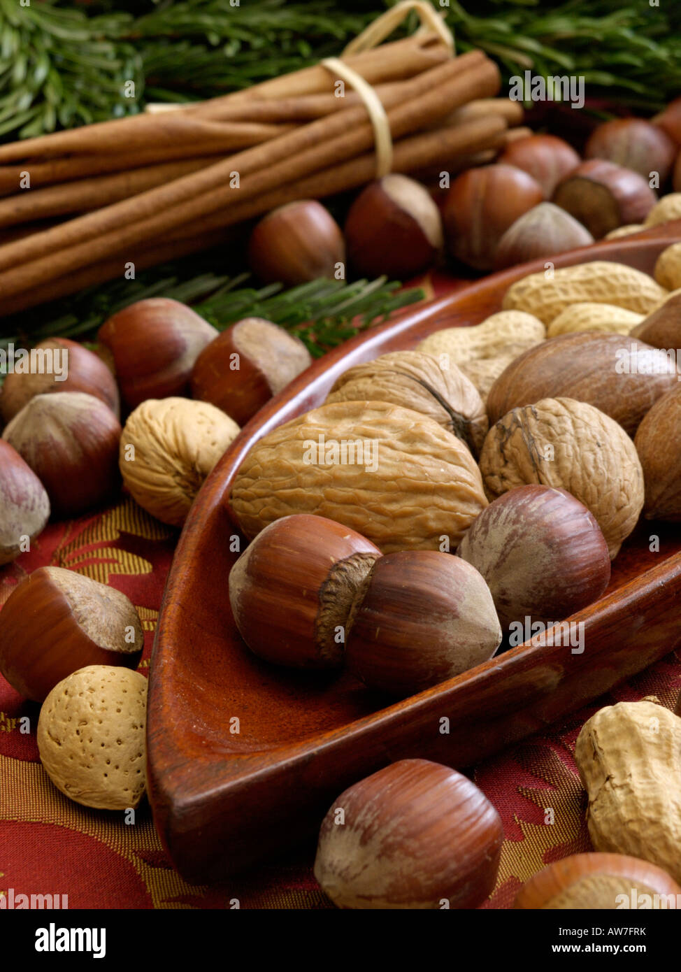 Filbert (Corylus maxima), English walnut (Juglans regia) and peanut (Arachis hypogaea) Stock Photo