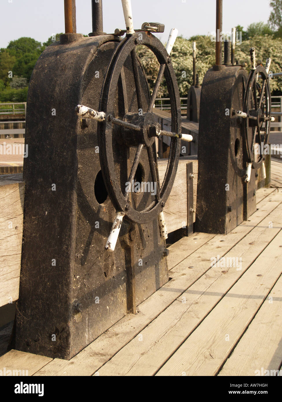 victorian hand wheels lock sluice water flow valve Stock Photo