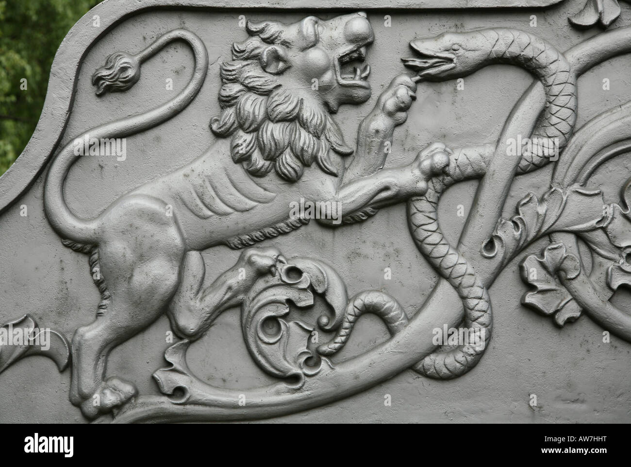 The Lion fighting the Snake. Detail of the gun carriage of the Tsar Cannon (Tsar Pushka) in Moscow Kremlin, Russia Stock Photo