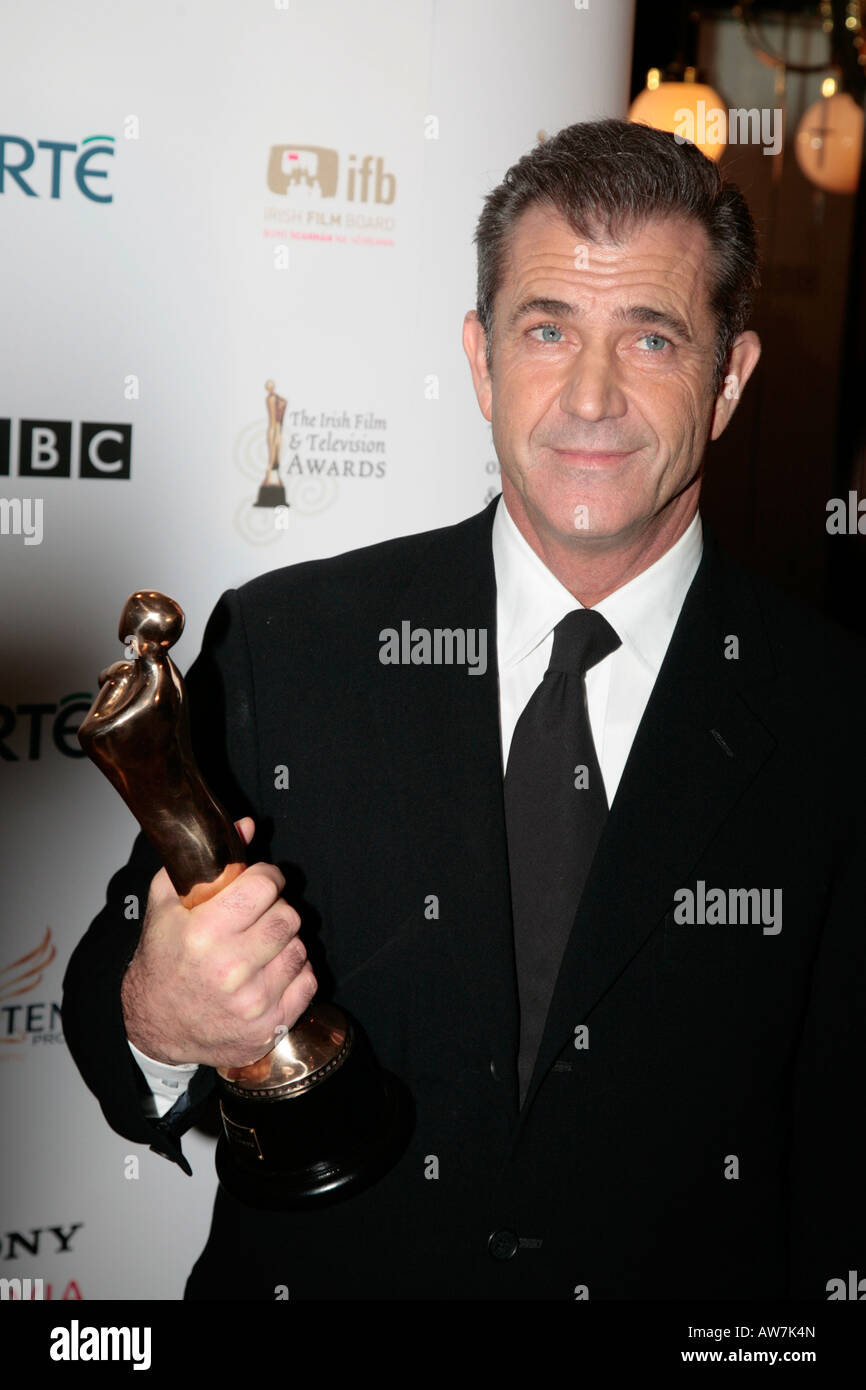 Mel Gibson with his outstanding contribution to world cinema award in the press room at the Irish Film and Television Awards Stock Photo