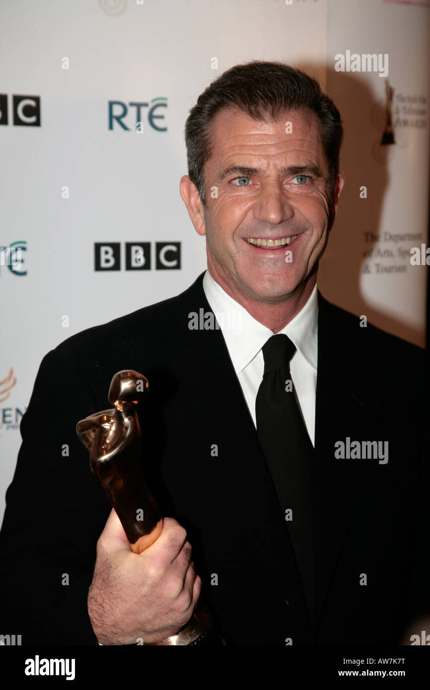 Mel Gibson with his outstanding contribution to world cinema award in the press room at the Irish Film and Television Awards Stock Photo