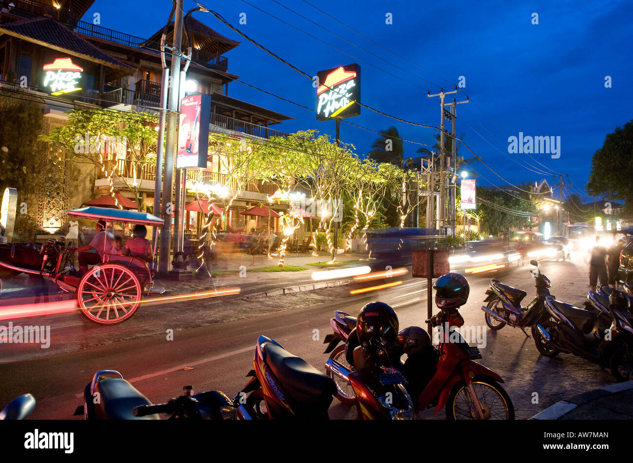 Nightime in Downtown Kuta Bali Indonesia Stock Photo
