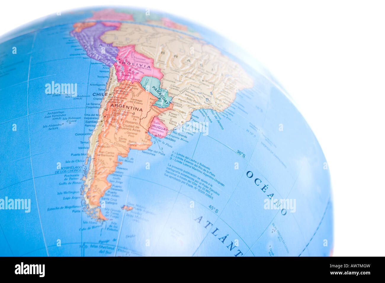 Globe World Map from south america with shalow depth of field and focus on Argentina and Chile Stock Photo