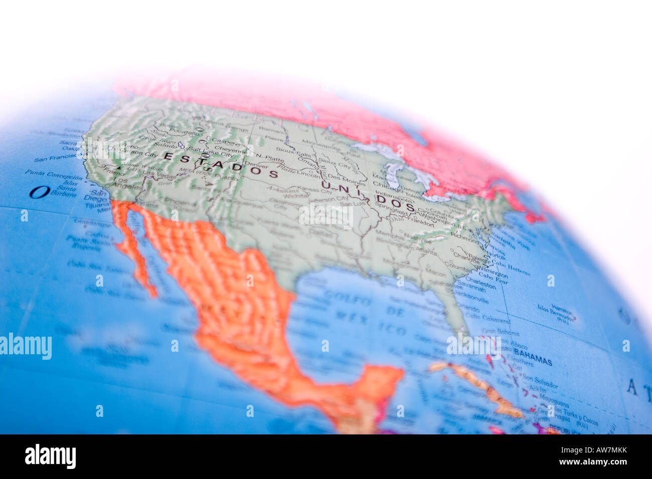 World globe map of North America with shallow depth of field and focus on United States Stock Photo