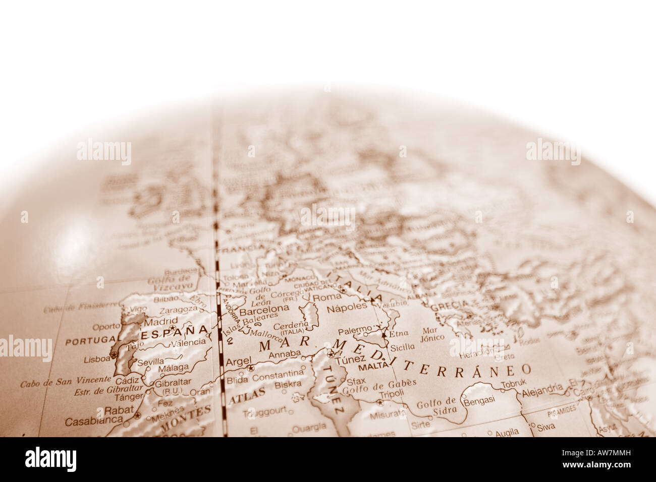 Vintage world map globe with shallow depth of field and focus on the Mediterranean Sea Stock Photo