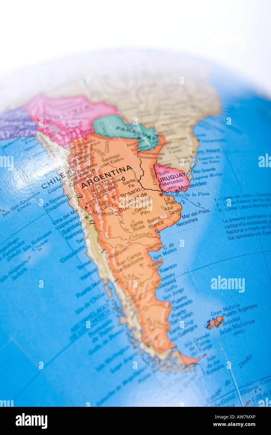 World map globe of south america with focus on Argentina and Chile Stock Photo