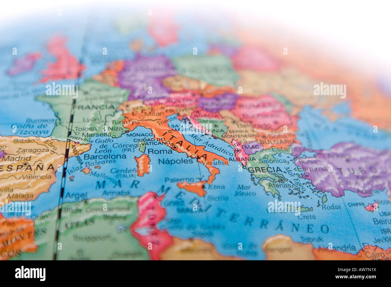 World map globe with shallow depth of field and focus on Italy Stock Photo