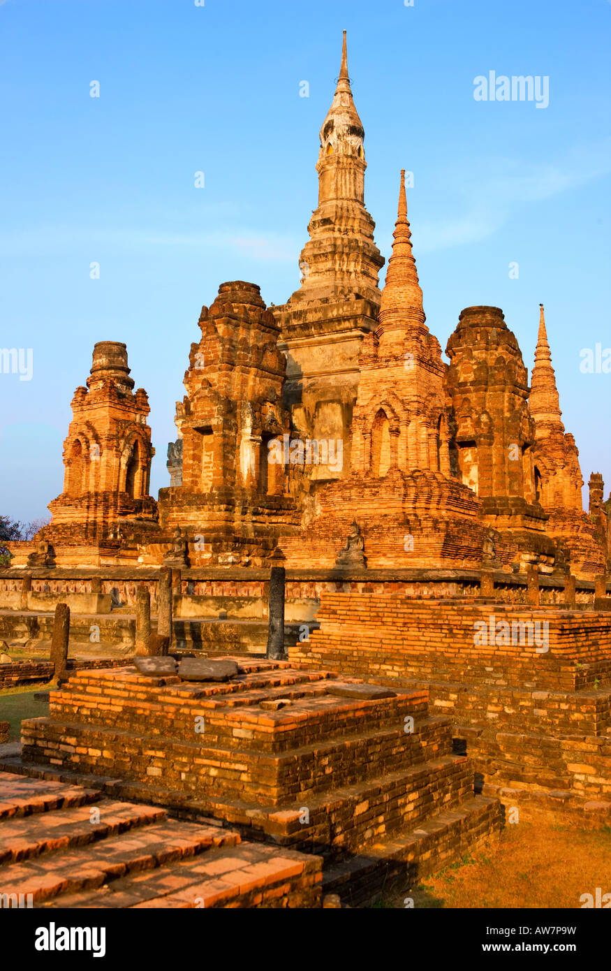 ruins of Wat Mahathat in sukhothai temple thailand Stock Photo