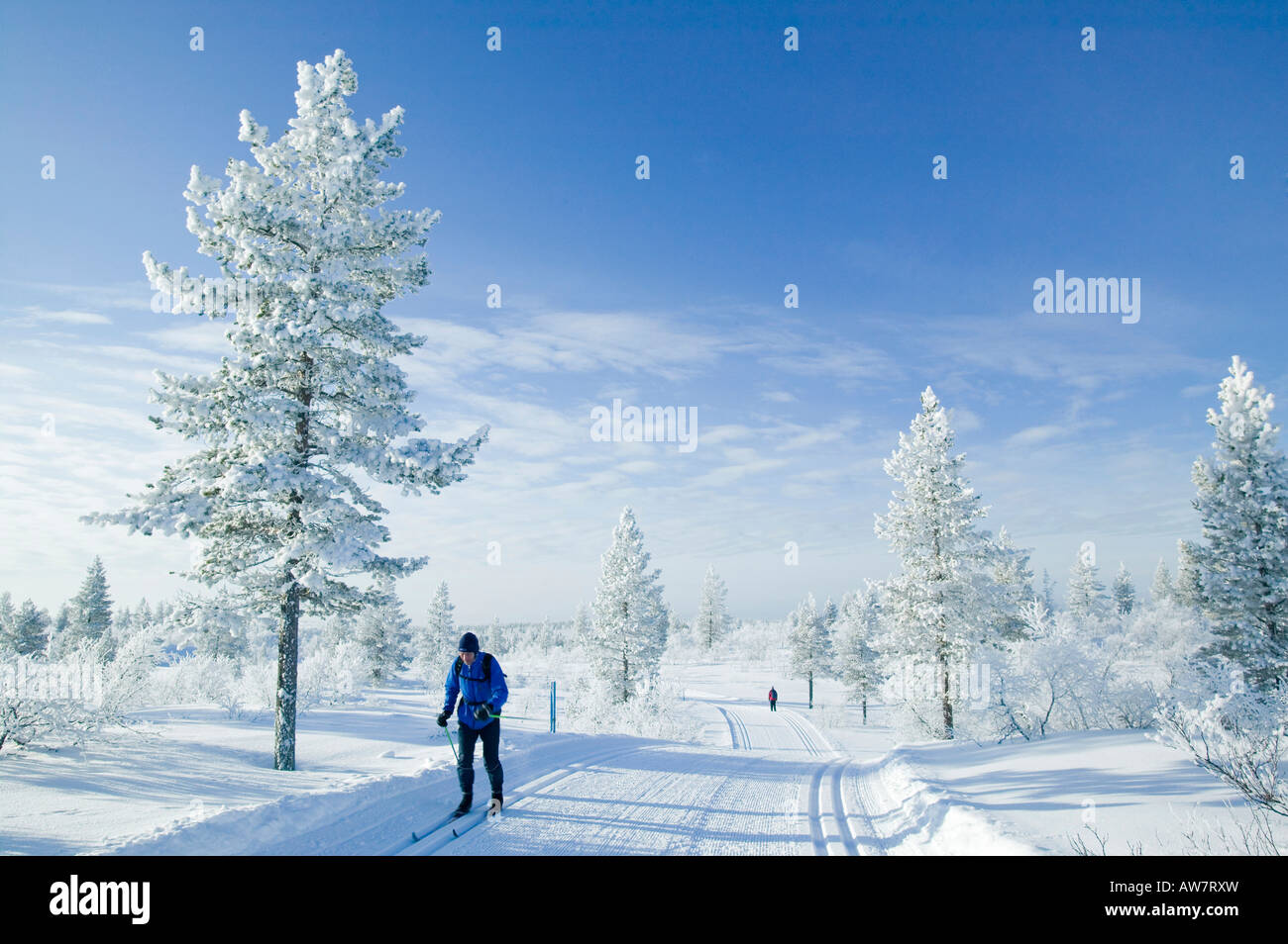 cross country skiing near Saariselka Northern Finland Stock Photo
