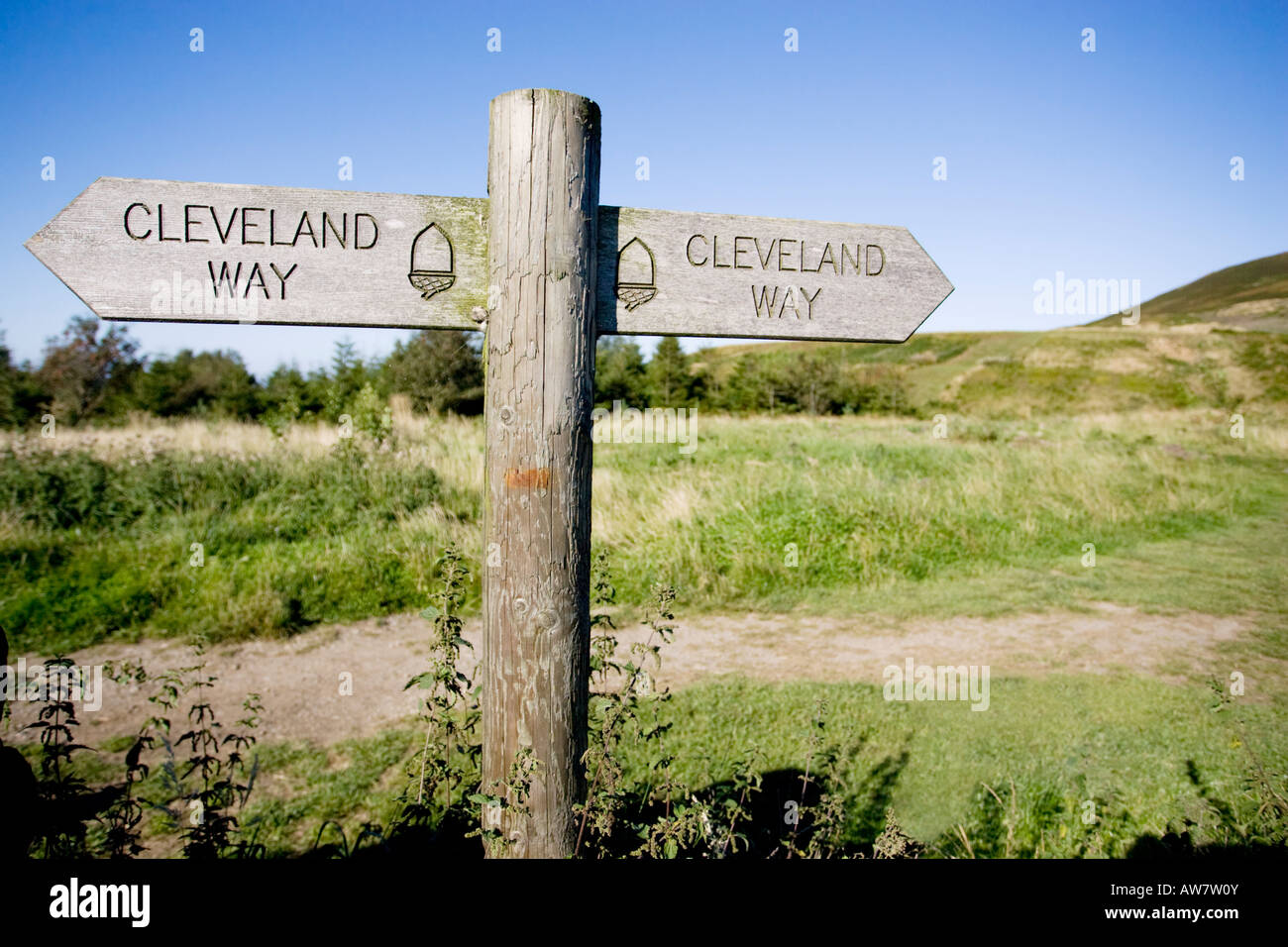 Cleveland Way signpost marker at Carlton Bank in the North York Moors National Park, UK Stock Photo