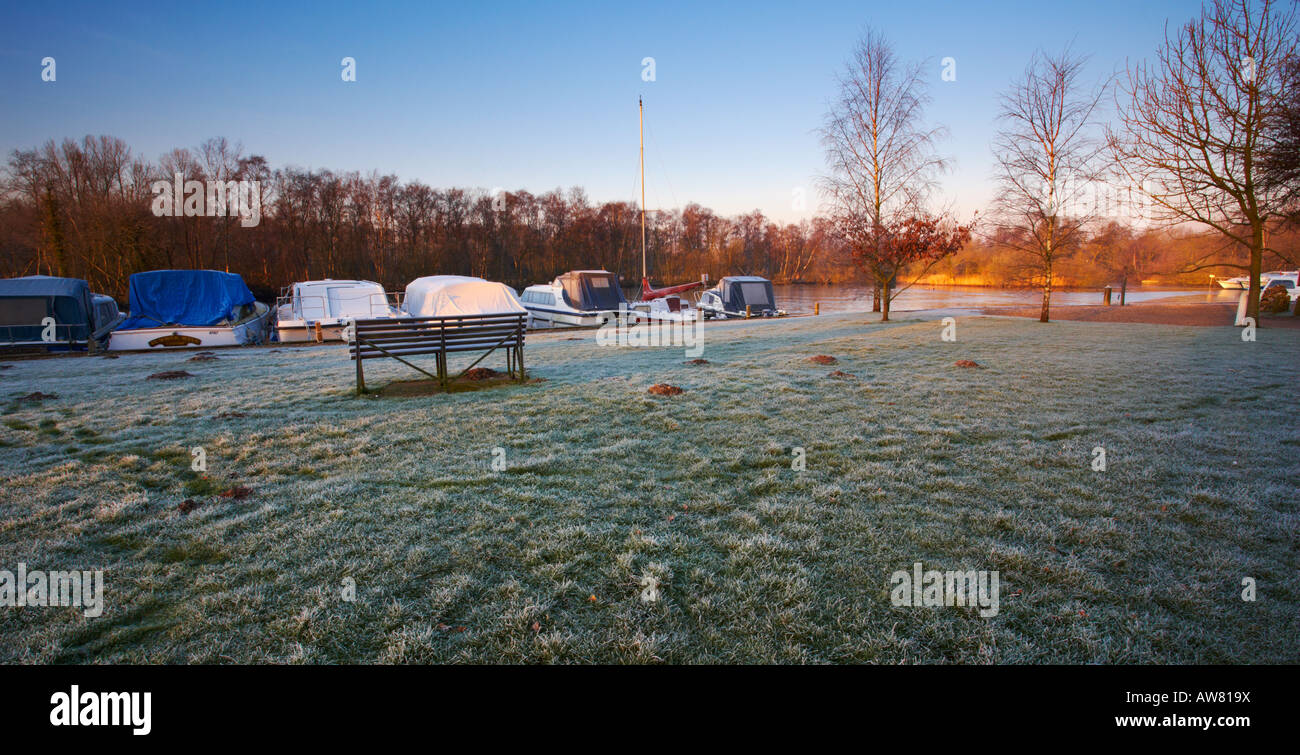 Womack Staithe near Ludham on a frosty morning in the Norfolk Broads Stock Photo