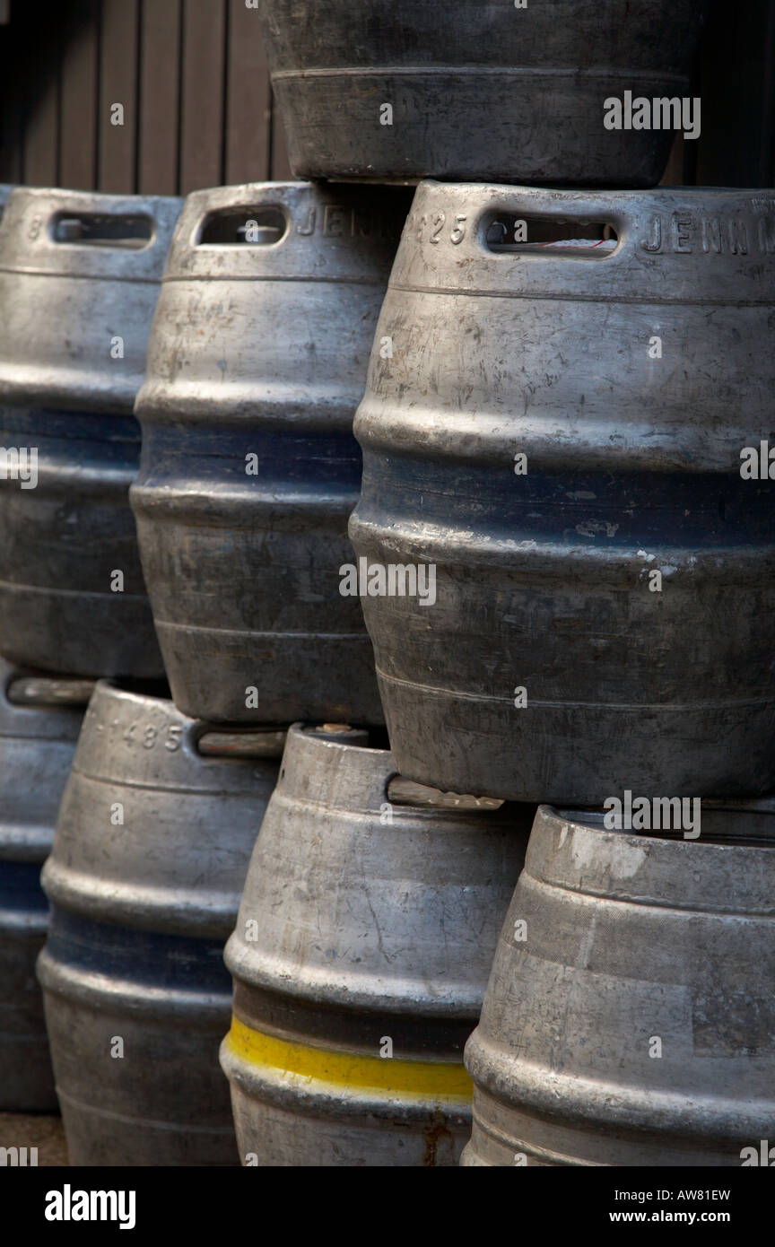 empty metal beer barrels stacked up outside a pub Stock Photo Alamy