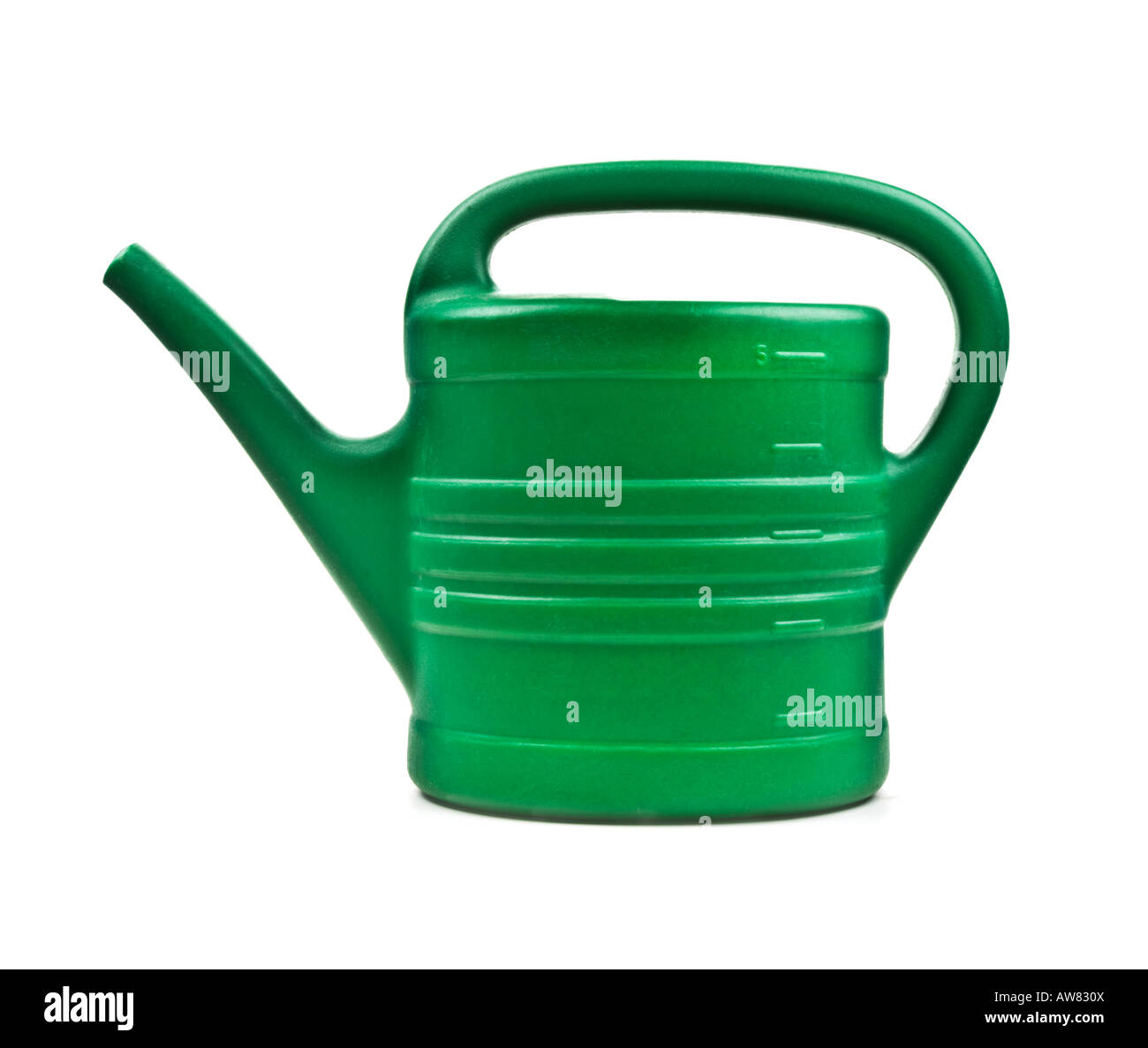 green platic made watering can pot flower cutout white background Stock Photo
