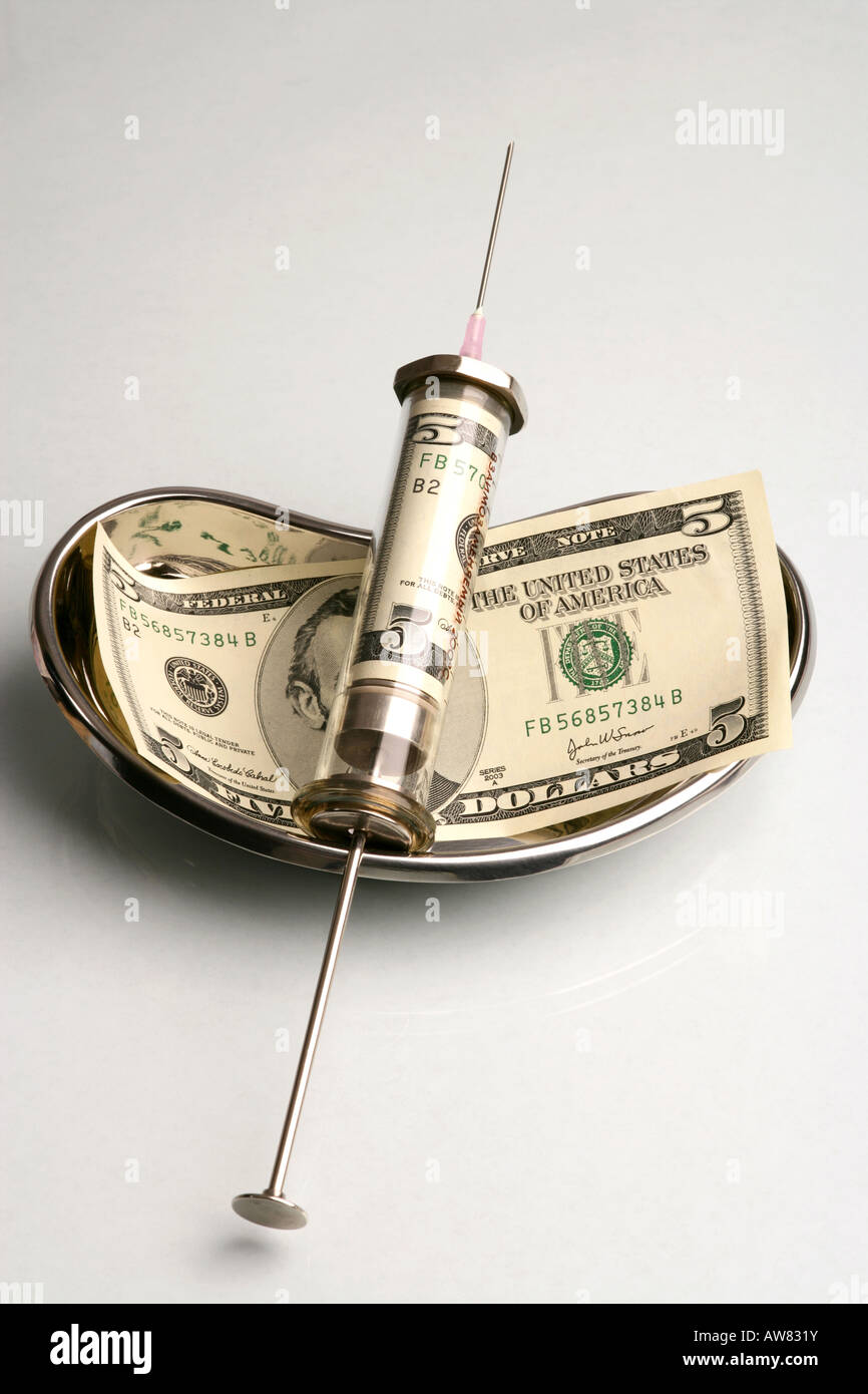 "Syringe containing bank note" Stock Photo